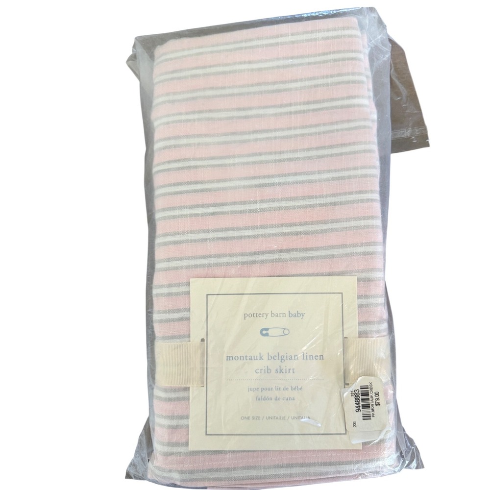 Pottery Barn Baby Montauk Belgian Linen Crib Skirt Pink White Striped 9448883